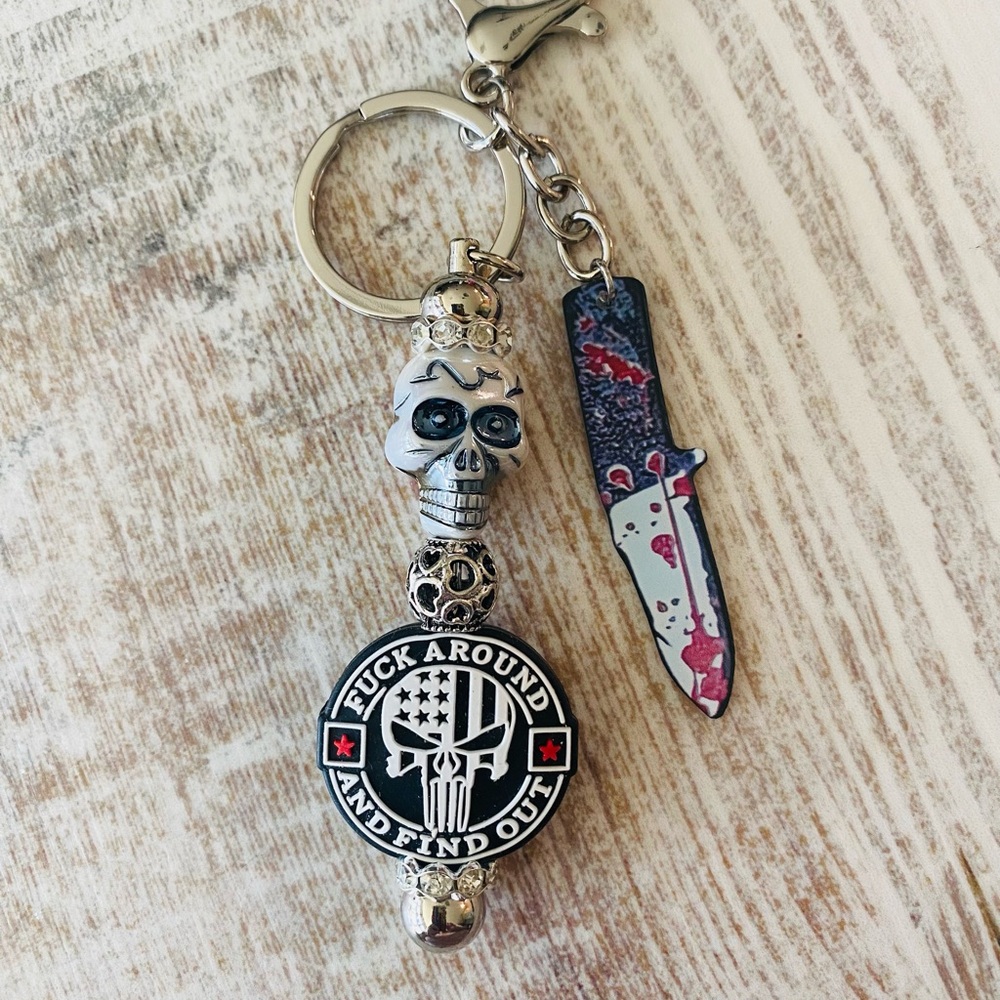Skull Keychain with Knife Charm